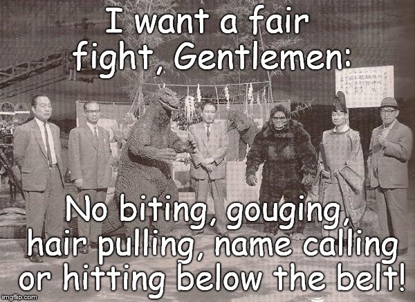 I want a fair fight, Gentlemen:; No biting, gouging, hair pulling, name calling or hitting below the belt! | made w/ Imgflip meme maker