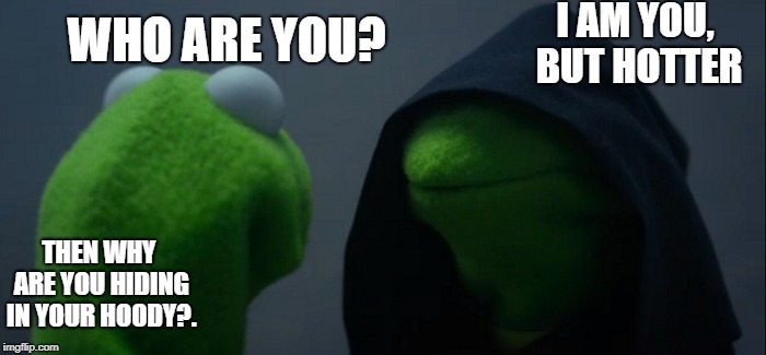 Evil Kermit | I AM YOU, BUT HOTTER; WHO ARE YOU? THEN WHY ARE YOU HIDING IN YOUR HOODY?. | image tagged in memes,evil kermit | made w/ Imgflip meme maker