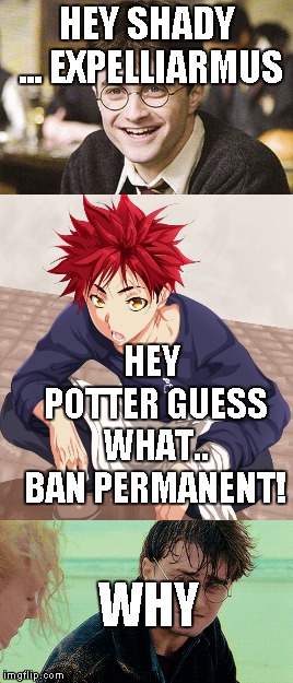 HEY SHADY ... EXPELLIARMUS; HEY POTTER GUESS WHAT.. BAN PERMANENT! WHY | made w/ Imgflip meme maker