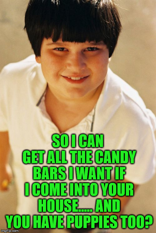 Annoying Childhood Friend | SO I CAN GET ALL THE CANDY BARS I WANT IF I COME INTO YOUR HOUSE..... AND YOU HAVE PUPPIES TOO? | image tagged in memes,annoying childhood friend | made w/ Imgflip meme maker