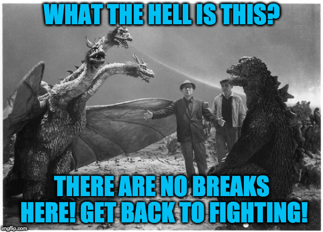 keep fighting! | WHAT THE HELL IS THIS? THERE ARE NO BREAKS HERE! GET BACK TO FIGHTING! | image tagged in godzilla | made w/ Imgflip meme maker