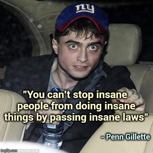 harry potter crazy | "You can't stop insane people from doing insane things by passing insane laws" - Penn Gillette | image tagged in harry potter crazy | made w/ Imgflip meme maker