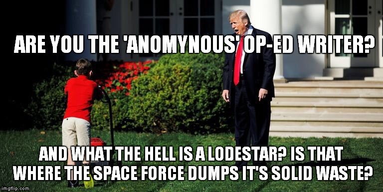 Shining Lodestar | ARE YOU THE 'ANOMYNOUS' OP-ED WRITER? AND WHAT THE HELL IS A LODESTAR? IS THAT WHERE THE SPACE FORCE DUMPS IT'S SOLID WASTE? | image tagged in donald trump,lodestar | made w/ Imgflip meme maker