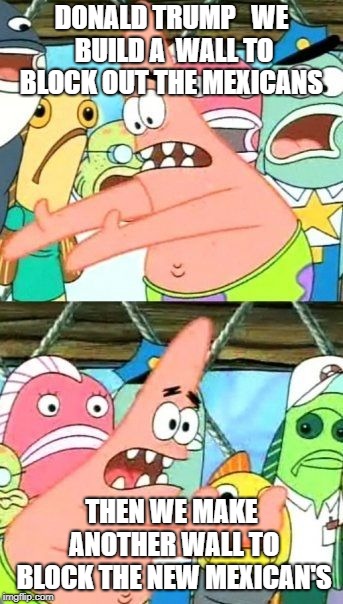Put It Somewhere Else Patrick Meme | DONALD TRUMP   WE BUILD A  WALL TO BLOCK OUT THE MEXICANS; THEN WE MAKE ANOTHER WALL TO BLOCK THE NEW MEXICAN'S | image tagged in memes,put it somewhere else patrick | made w/ Imgflip meme maker