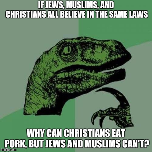 Philosoraptor | IF JEWS, MUSLIMS, AND CHRISTIANS ALL BELIEVE IN THE SAME LAWS; WHY CAN CHRISTIANS EAT PORK, BUT JEWS AND MUSLIMS CAN'T? | image tagged in memes,philosoraptor | made w/ Imgflip meme maker