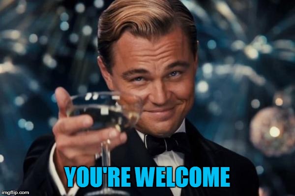 Leonardo Dicaprio Cheers Meme | YOU'RE WELCOME | image tagged in memes,leonardo dicaprio cheers | made w/ Imgflip meme maker