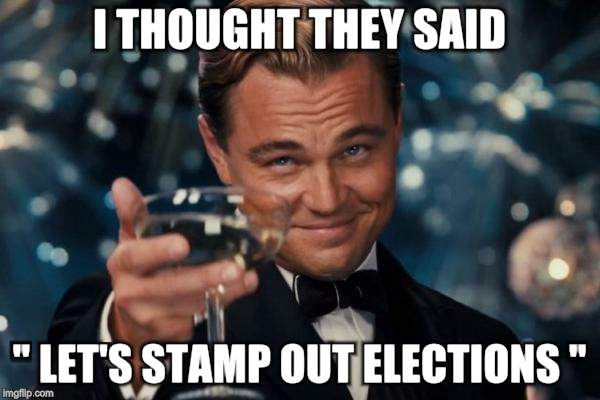 Leonardo Dicaprio Cheers Meme | I THOUGHT THEY SAID " LET'S STAMP OUT ELECTIONS " | image tagged in memes,leonardo dicaprio cheers | made w/ Imgflip meme maker