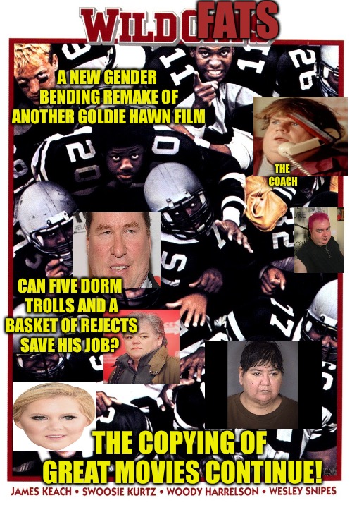 Wildcats  | FATS; A NEW GENDER BENDING REMAKE OF ANOTHER GOLDIE HAWN FILM; THE COACH; CAN FIVE DORM TROLLS AND A BASKET OF REJECTS SAVE HIS JOB? THE COPYING OF GREAT MOVIES CONTINUE! | image tagged in wildcats,chris farley,val kilmer,amy schumer,transgender,college football | made w/ Imgflip meme maker