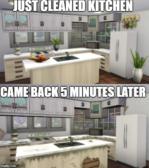 My Kitchen | JUST CLEANED KITCHEN; CAME BACK 5 MINUTES LATER | image tagged in 5 minutes later,disaster,relateable | made w/ Imgflip meme maker