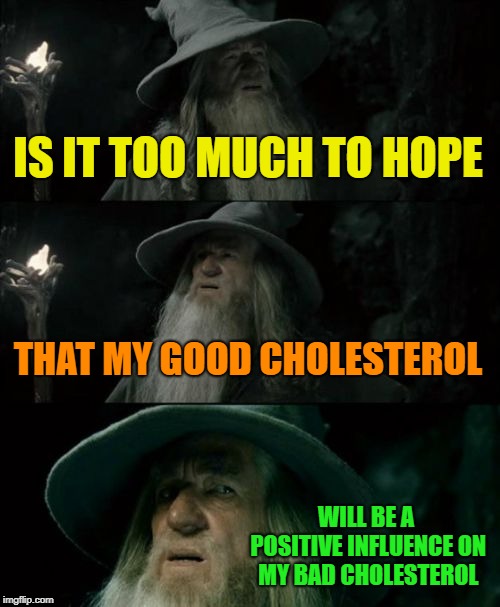 Just asking for a friend | IS IT TOO MUCH TO HOPE; THAT MY GOOD CHOLESTEROL; WILL BE A POSITIVE INFLUENCE ON MY BAD CHOLESTEROL | image tagged in memes,confused gandalf,funny | made w/ Imgflip meme maker