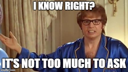 Austin Powers Honestly Meme | I KNOW RIGHT? IT'S NOT TOO MUCH TO ASK | image tagged in memes,austin powers honestly | made w/ Imgflip meme maker