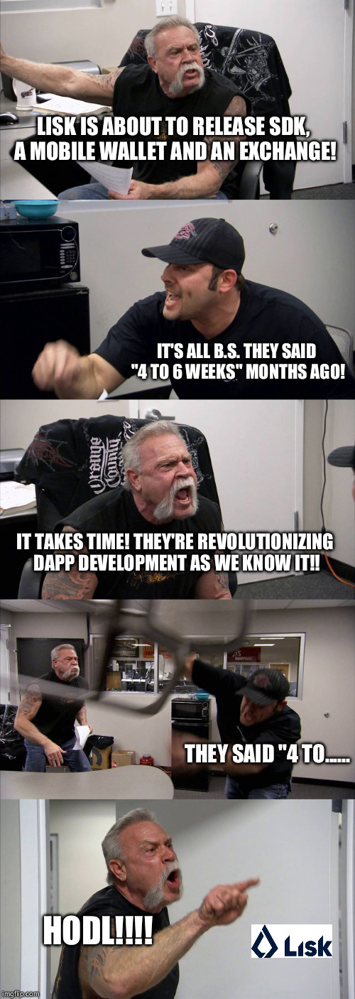 American Chopper Argument Meme | LISK IS ABOUT TO RELEASE SDK, A MOBILE WALLET AND AN EXCHANGE! IT'S ALL B.S. THEY SAID "4 TO 6 WEEKS" MONTHS AGO! IT TAKES TIME! THEY'RE REVOLUTIONIZING DAPP DEVELOPMENT AS WE KNOW IT!! THEY SAID "4 TO...... HODL!!!! | image tagged in memes,american chopper argument | made w/ Imgflip meme maker