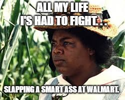 Oprah | ALL MY LIFE I'S HAD TO FIGHT. . . SLAPPING A SMART ASS AT WALMART. | image tagged in oprah | made w/ Imgflip meme maker