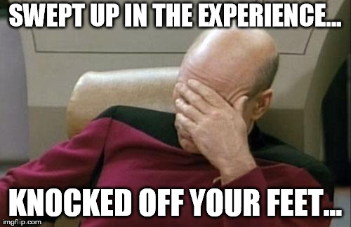 Captain Picard Facepalm Meme | SWEPT UP IN THE EXPERIENCE... KNOCKED OFF YOUR FEET... | image tagged in memes,captain picard facepalm | made w/ Imgflip meme maker