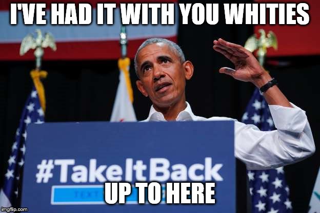 Ok Donald, I guess you can fall under the category "whitie" |  I'VE HAD IT WITH YOU WHITIES; UP TO HERE | image tagged in barack obama,really,politicalish,/,political,yes i just used a backslash | made w/ Imgflip meme maker
