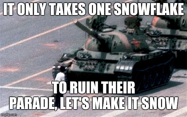 Get up, stand up! | IT ONLY TAKES ONE SNOWFLAKE; TO RUIN THEIR PARADE, LET'S MAKE IT SNOW | image tagged in tiananmen square,snowflake | made w/ Imgflip meme maker