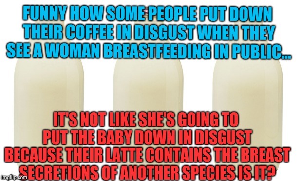 FUNNY HOW SOME PEOPLE PUT DOWN THEIR COFFEE IN DISGUST WHEN THEY SEE A WOMAN BREASTFEEDING IN PUBLIC... IT'S NOT LIKE SHE'S GOING TO PUT THE BABY DOWN IN DISGUST BECAUSE THEIR LATTE CONTAINS THE BREAST SECRETIONS OF ANOTHER SPECIES IS IT? | image tagged in breastfeeding | made w/ Imgflip meme maker