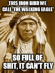 Native American | THIS IRON BIRD WE CALL 'THE WALKING EAGLE'; SO FULL OF SHIT, IT CAN'T FLY | image tagged in native american | made w/ Imgflip meme maker