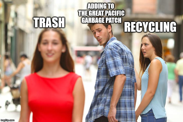 Distracted Boyfriend Meme | TRASH; ADDING TO THE GREAT PACIFIC GARBAGE PATCH; RECYCLING | image tagged in memes,distracted boyfriend | made w/ Imgflip meme maker