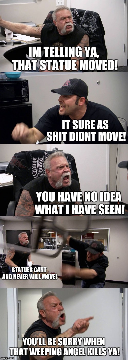 Who is right and who is wrong? | IM TELLING YA, THAT STATUE MOVED! IT SURE AS SHIT DIDNT MOVE! YOU HAVE NO IDEA WHAT I HAVE SEEN! STATUES CANT AND NEVER WILL MOVE! YOU'LL BE SORRY WHEN THAT WEEPING ANGEL KILLS YA! | image tagged in memes,american chopper argument | made w/ Imgflip meme maker
