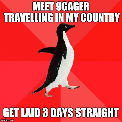 Socially Awesome Penguin |  MEET 9GAGER TRAVELLING IN MY COUNTRY; GET LAID 3 DAYS STRAIGHT | image tagged in memes,socially awesome penguin | made w/ Imgflip meme maker