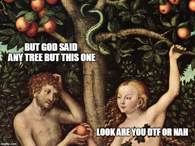 adam and eve | BUT GOD SAID ANY TREE BUT THIS ONE; LOOK ARE YOU DTF OR NAH | image tagged in adam and eve | made w/ Imgflip meme maker