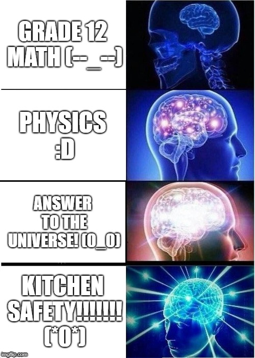 Expanding Brain Meme | GRADE 12 MATH (--_--); PHYSICS :D; ANSWER TO THE UNIVERSE! (0_0); KITCHEN SAFETY!!!!!!! (*0*) | image tagged in memes,expanding brain | made w/ Imgflip meme maker