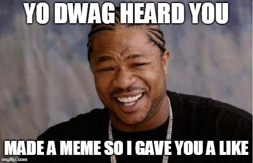 Yo Dawg Heard You Meme | YO DWAG HEARD YOU MADE A MEME SO I GAVE YOU A LIKE | image tagged in memes,yo dawg heard you | made w/ Imgflip meme maker