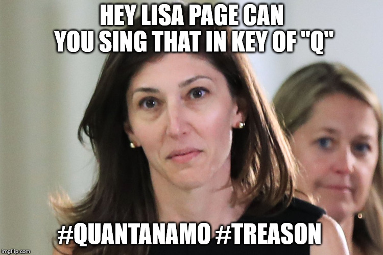 Lisa page | HEY LISA PAGE CAN YOU SING THAT IN KEY OF "Q"; #QUANTANAMO #TREASON | image tagged in lisa page | made w/ Imgflip meme maker
