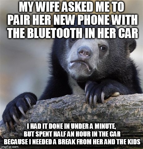 Confession Bear | MY WIFE ASKED ME TO PAIR HER NEW PHONE WITH THE BLUETOOTH IN HER CAR; I HAD IT DONE IN UNDER A MINUTE, BUT SPENT HALF AN HOUR IN THE CAR BECAUSE I NEEDED A BREAK FROM HER AND THE KIDS | image tagged in memes,confession bear,AdviceAnimals | made w/ Imgflip meme maker