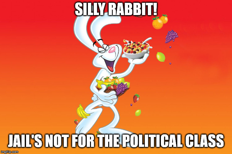 Silly Rabbit | SILLY RABBIT! JAIL'S NOT FOR THE POLITICAL CLASS | image tagged in silly rabbit | made w/ Imgflip meme maker