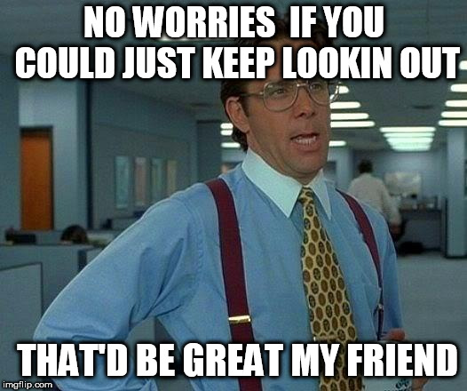 That Would Be Great Meme | NO WORRIES  IF YOU COULD JUST KEEP LOOKIN OUT THAT'D BE GREAT MY FRIEND | image tagged in memes,that would be great | made w/ Imgflip meme maker