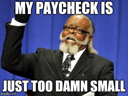 Too Damn High Meme | MY PAYCHECK IS; JUST TOO DAMN SMALL | image tagged in memes,too damn high | made w/ Imgflip meme maker