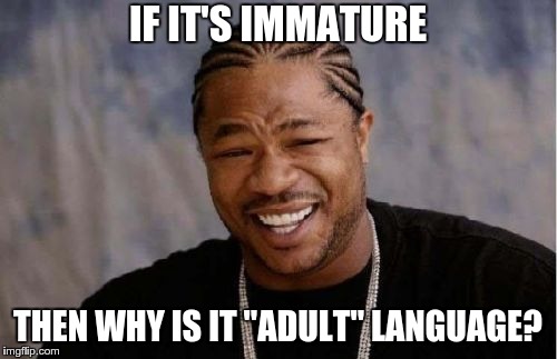 Yo Dawg Heard You Meme | IF IT'S IMMATURE THEN WHY IS IT "ADULT" LANGUAGE? | image tagged in memes,yo dawg heard you | made w/ Imgflip meme maker