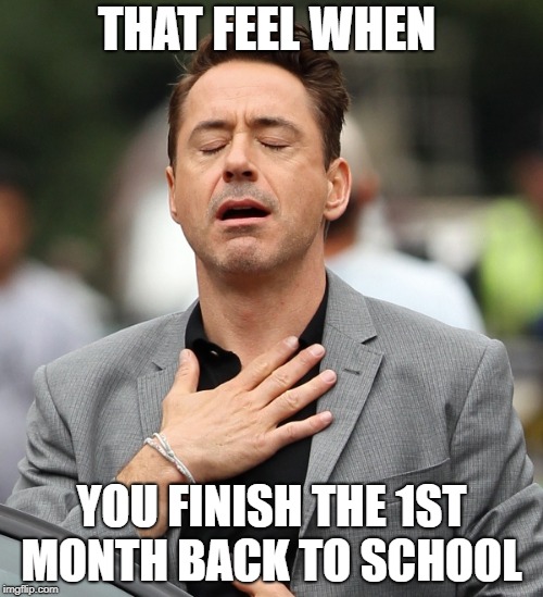 relieved rdj | THAT FEEL WHEN; YOU FINISH THE 1ST MONTH BACK TO SCHOOL | image tagged in relieved rdj | made w/ Imgflip meme maker