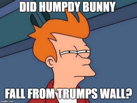 Futurama Fry Meme | DID HUMPDY BUNNY FALL FROM TRUMPS WALL? | image tagged in memes,futurama fry | made w/ Imgflip meme maker