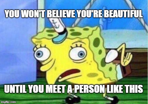 Mocking Spongebob | YOU WON'T BELIEVE YOU'RE BEAUTIFUL; UNTIL YOU MEET A PERSON LIKE THIS | image tagged in memes,mocking spongebob | made w/ Imgflip meme maker