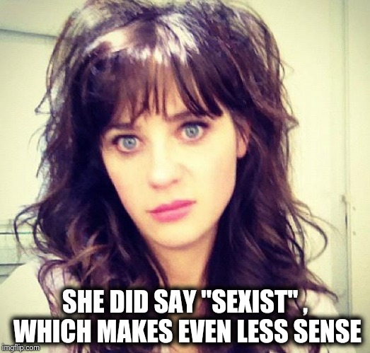 Zooey Deschanel | SHE DID SAY "SEXIST" , WHICH MAKES EVEN LESS SENSE | image tagged in zooey deschanel | made w/ Imgflip meme maker