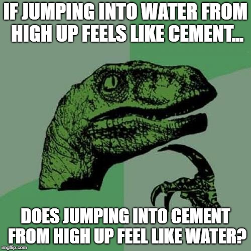 Philosoraptor Meme | IF JUMPING INTO WATER FROM HIGH UP FEELS LIKE CEMENT... DOES JUMPING INTO CEMENT FROM HIGH UP FEEL LIKE WATER? | image tagged in memes,philosoraptor | made w/ Imgflip meme maker