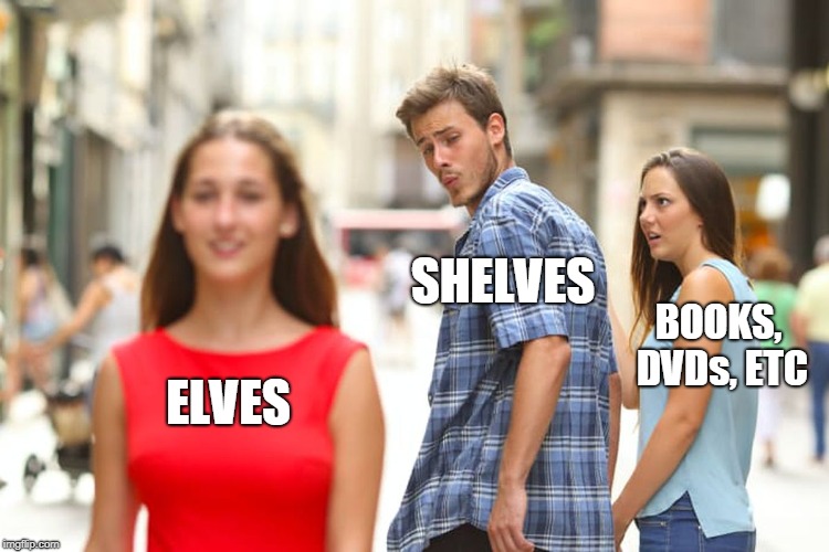 Distracted Boyfriend Meme | ELVES SHELVES BOOKS, DVDs, ETC | image tagged in memes,distracted boyfriend | made w/ Imgflip meme maker