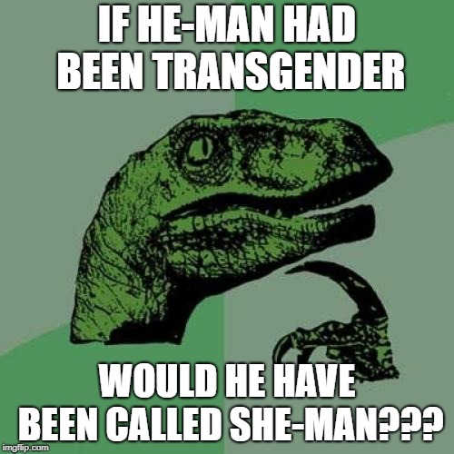 Philosoraptor Meme | IF HE-MAN HAD BEEN TRANSGENDER; WOULD HE HAVE BEEN CALLED SHE-MAN??? | image tagged in memes,philosoraptor | made w/ Imgflip meme maker