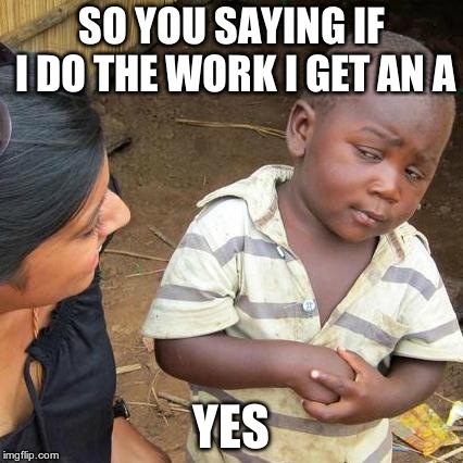 Third World Skeptical Kid | SO YOU SAYING IF I DO THE WORK I GET AN A; YES | image tagged in memes,third world skeptical kid | made w/ Imgflip meme maker