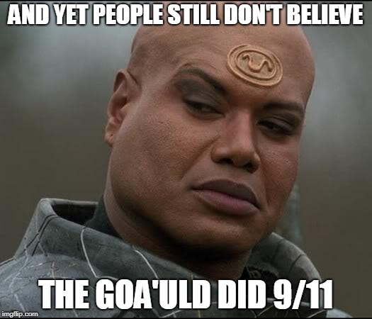 Stargate Tealc (bemused)  | AND YET PEOPLE STILL DON'T BELIEVE; THE GOA'ULD DID 9/11 | image tagged in stargate tealc bemused | made w/ Imgflip meme maker