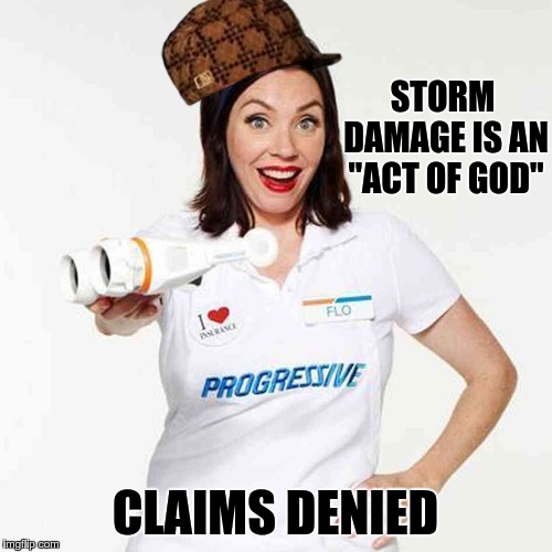 Flo Progressive | STORM DAMAGE IS AN "ACT OF GOD" CLAIMS DENIED | image tagged in flo progressive,scumbag | made w/ Imgflip meme maker