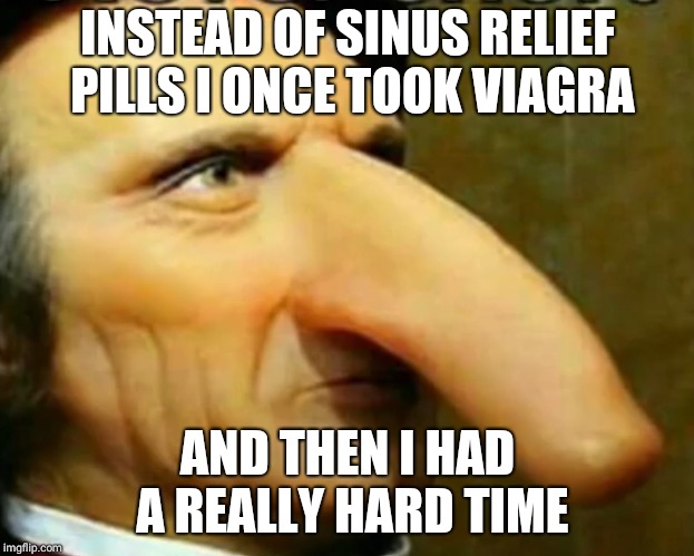 Big nose | INSTEAD OF SINUS RELIEF PILLS I ONCE TOOK VIAGRA; AND THEN I HAD A REALLY HARD TIME | image tagged in big nose | made w/ Imgflip meme maker
