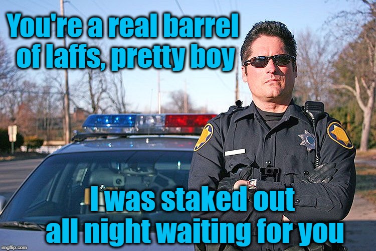 police | You're a real barrel of laffs, pretty boy I was staked out all night waiting for you | image tagged in police | made w/ Imgflip meme maker