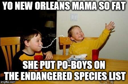 N'awlins Mama | YO NEW ORLEANS MAMA SO FAT; SHE PUT PO-BOYS ON THE ENDANGERED SPECIES LIST | image tagged in yo mama so fat,memes | made w/ Imgflip meme maker