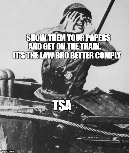 Shouting nazi | SHOW THEM YOUR PAPERS AND GET ON THE TRAIN.       IT'S THE LAW BRO BETTER COMPLY; TSA | image tagged in shouting nazi | made w/ Imgflip meme maker