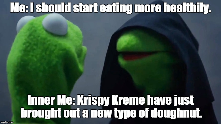 The last temptation of Krispy Kreme | Me: I should start eating more healthily. Inner Me: Krispy Kreme have just brought out a new type of doughnut. | image tagged in kermit inner me,krispy kreme,doughnuts,kermit,constantine,eating healthy | made w/ Imgflip meme maker