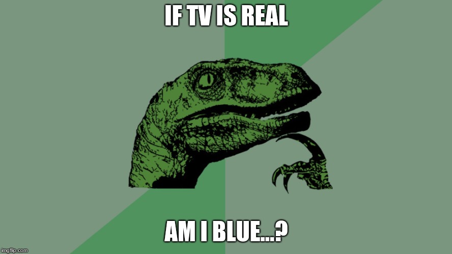 Philosophy Dinosaur | IF TV IS REAL; AM I BLUE...? | image tagged in philosophy dinosaur | made w/ Imgflip meme maker